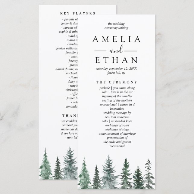 Wald-Winter-Aquarell-Hochzeit Programm (Vorne/Hinten)