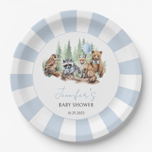 Wald Woodland Tiere Blaue Babydusche Pappteller (Vorderseite)