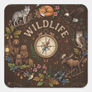 "Waldabenteuer mit Wildtieren" Illustration Quadratischer Aufkleber