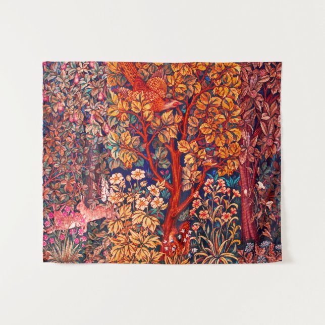 WALDBÄLDER Hares, Pheasant, Rote Blüte Wandteppich (Vorderseite (Horizontal))