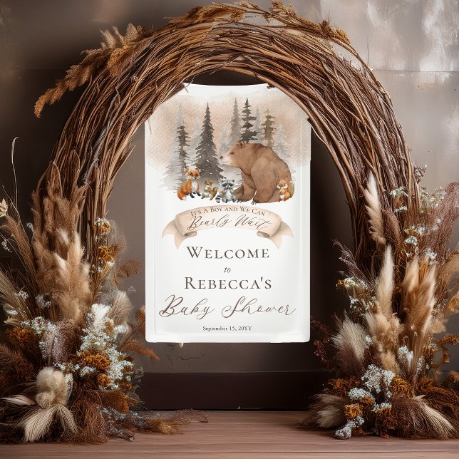 Waldbär |Baby-Dusche für Tiere vor dem Abwarten Banner (Rustic Woodland Bear and Forest Animals Boy "Bearly Wait" Baby Shower "Welcome" Vertical Banner)