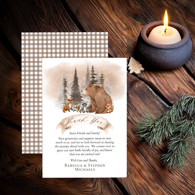 Waldbär |Baby-Dusche für Tiere vor dem Abwarten Dankeskarte (Rustic Woodland Bear and Forest Animals "Thank You" card - from "Bearly Wait" Collection)