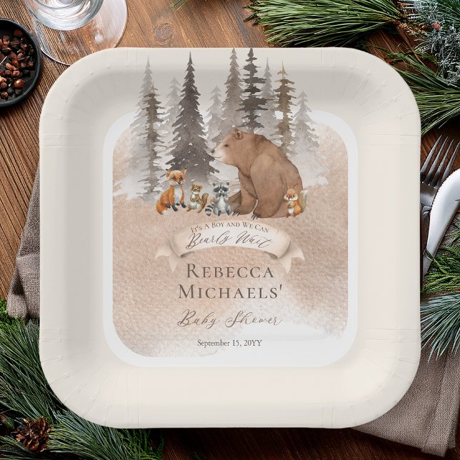 Waldbär |Baby-Dusche für Tiere vor dem Abwarten Pappteller (Rustic Woodland Bear and Forest Animals Boy "Bearly Wait" Baby Shower Square Paper Plates)