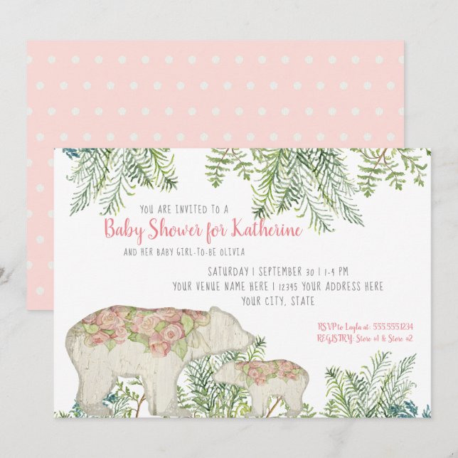 Waldbär Boho Floral Baby Girl Dusche Einladung (Vorne/Hinten)