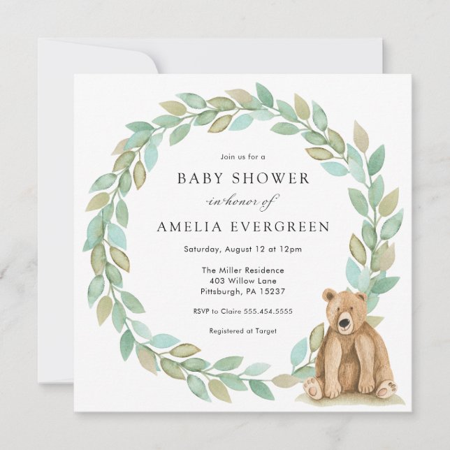 Waldbär mit Foliage Wreath Baby Dusche Einladung (Vorderseite)