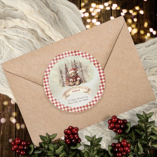 Waldbär Rücksendeadresse Runder Aufkleber (Baby Shower | Sprinkle or Christmas holiday rustic woodland return address envelope seal design)