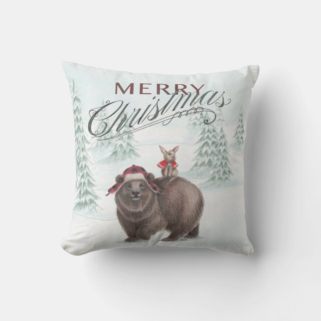 Waldbär und Häschen-frohe Weihnacht-Kissen Kissen (Vorderseite)