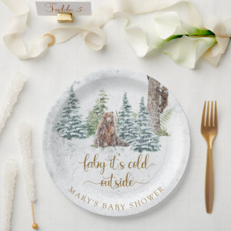 Waldbär Winter Babydusche Pappteller