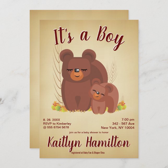 Waldbärendusche Junge Mutter Mutter Einladung (Vorne/Hinten)