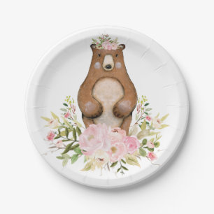 Waldbärn-Rosa-Blumenwaldmädchen-Babyparty Pappteller