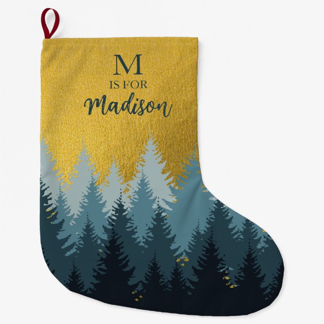 Waldbäume Goldene Landschaft Baby Monogram Großer Weihnachtsstrumpf (Vorderseite)
