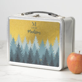 Waldbäume Goldene Landschaft Baby Monogram Metall Brotdose
