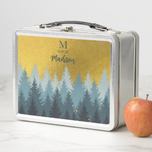 Waldbäume Goldene Landschaft Baby Monogram Metall Brotdose