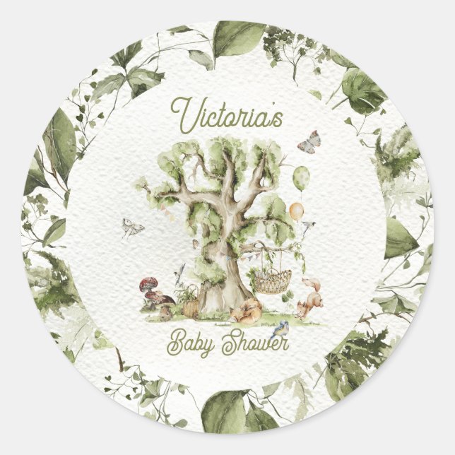 Waldbäume Kleintiere Babydusche Runder Aufkleber (Vorderseite)