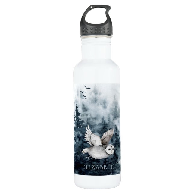 Waldbäume Owl Wasserfarbenname Edelstahlflasche (Vorderseite)