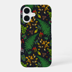 Waldbeeren, Blätter und Käfer auf Graphitschwarz iPhone 16 Hülle