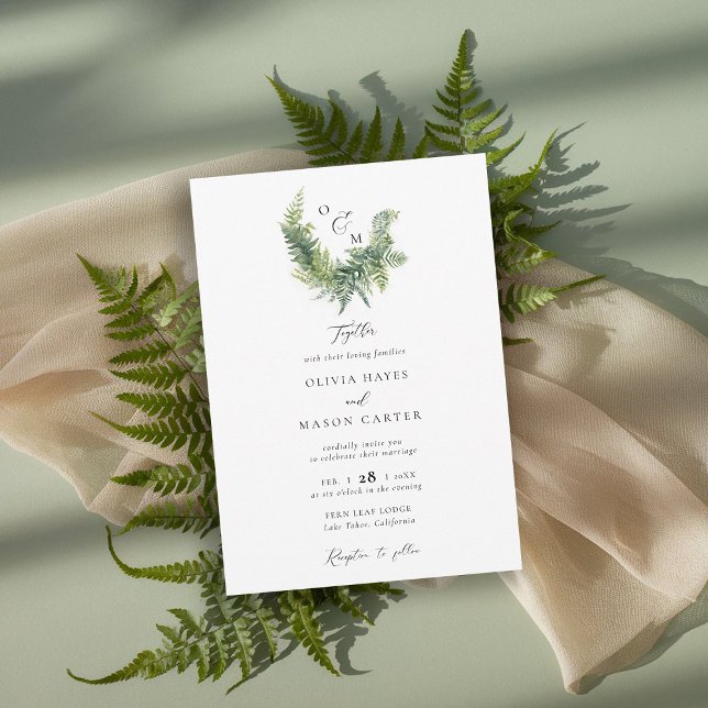 Waldberg Waldland Wappen Elegante Hochzeit Einladung (enchanted forest wedding invitation botanical crest ferns outdoors mountains sage garden whimsy)