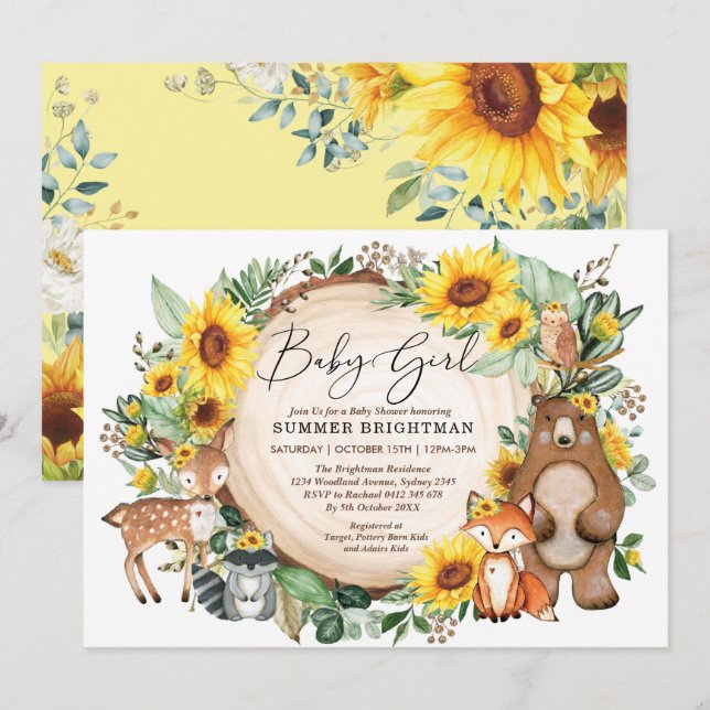 Waldblütentiere Baby Girl Dusche Einladung (Vorne/Hinten)
