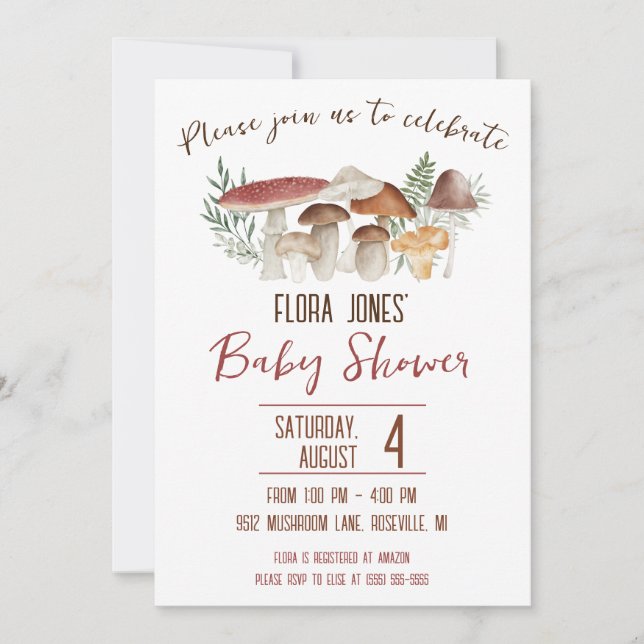 Waldbrände, Mushroom Themed Baby Dusche Einladung (Vorderseite)