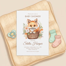 Waldeinladung für Baby-Party mit Fuchs und Blumen 
