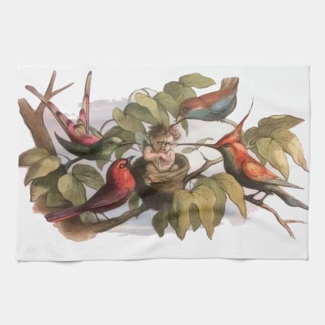 Waldelf im Nest: Antique Bird Sprite Fairy Geschirrtuch (Horizontal)
