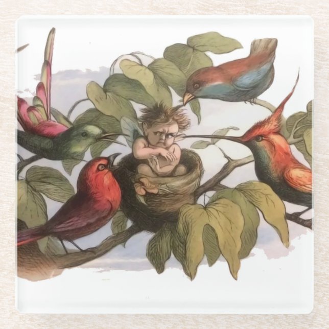 Waldelf im Nest: Antique Bird Sprite Fairy Glasuntersetzer (Vorderseite)