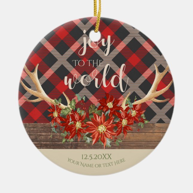 Wälder Antler Poinsettias und Rot Kariert Keramik Ornament (Vorne)