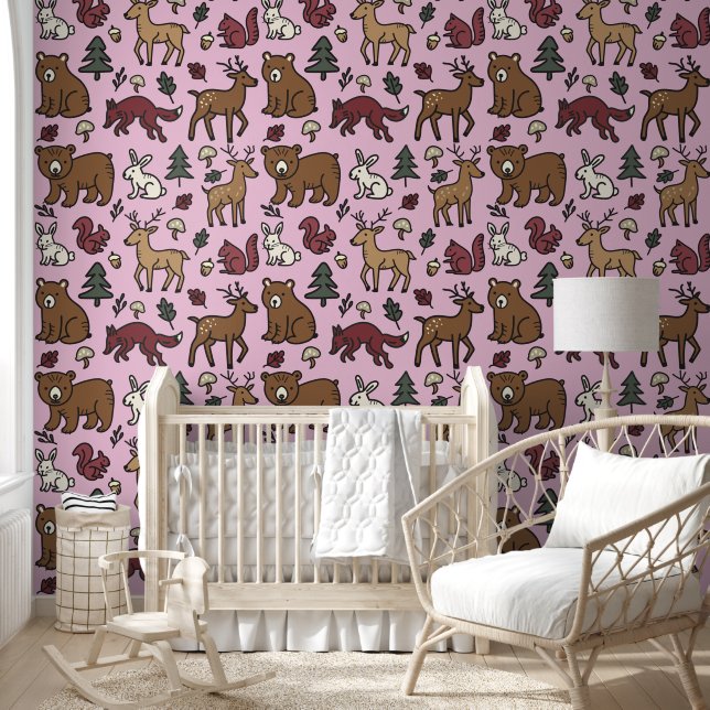 Wälder Doodle Tiere rosa Tapete (Kinder)