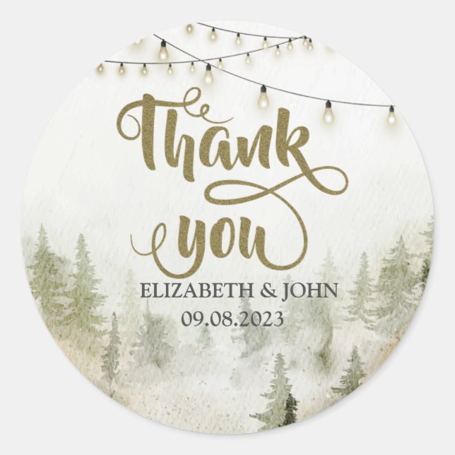 Wälder, Pinienbäume, String Lights Vielen Dank Runder Aufkleber (Vorderseite)