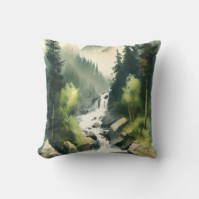 Walderberg Fluss Wasserfarbe Natur Kissen (Vorderseite)