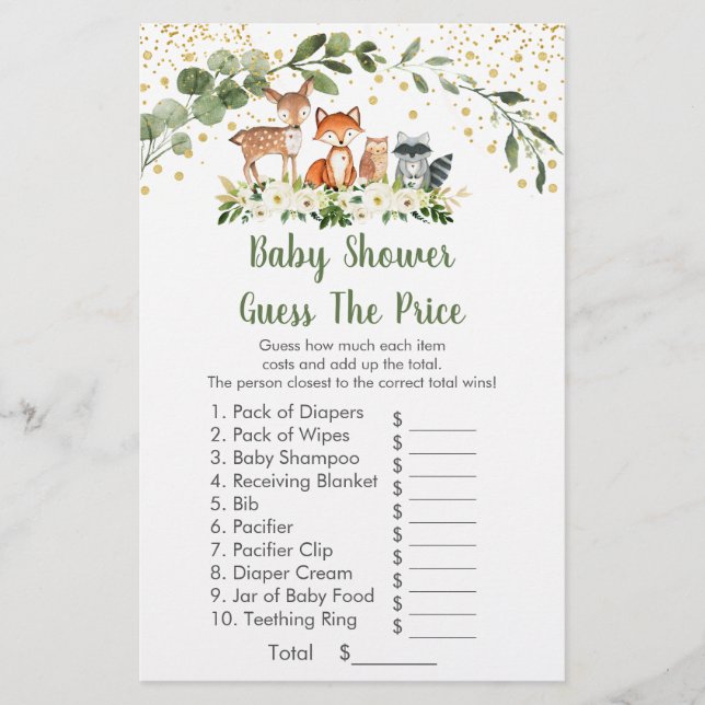 Waldflächen raten das Price Baby Shower Game (Vorderseite)