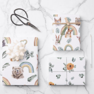 Waldflächen Waldtiere und Regenbogen Geschenkpapier Set