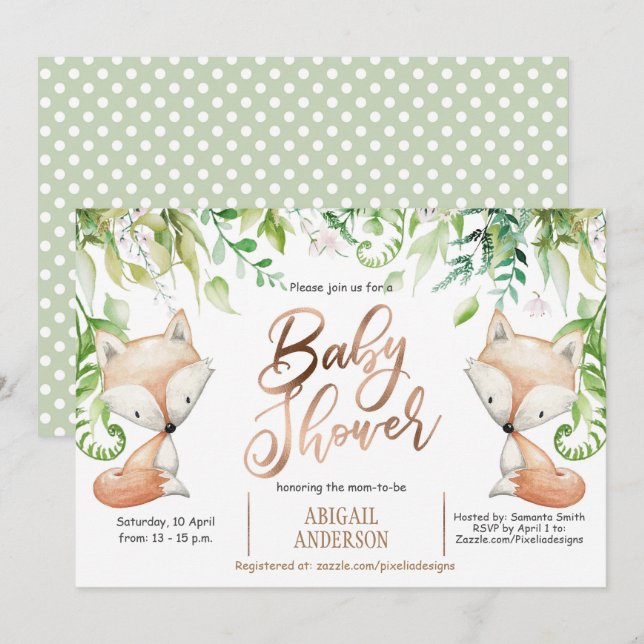 Waldfox, Grünpflanzen, Rose Gold Baby Boy Dusche Einladung (Vorne/Hinten)