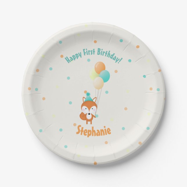 Waldfuchs mit Balloons Pappteller (Vorderseite)