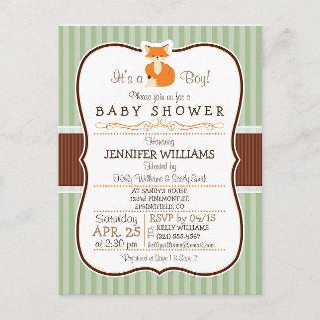Waldfuchs; Orange, Hülle, Braun-Babydusche Einladungspostkarte (Vorderseite)