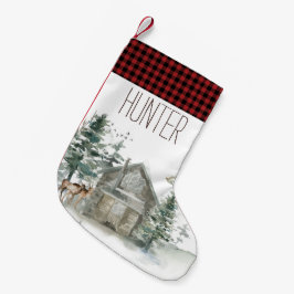 Waldgebiet Hirsche Hütte Rot Kariert mit Name Kleiner Weihnachtsstrumpf
