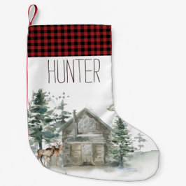 Waldgebiet Hirsche Hütte Rot Kariert mit Name Kleiner Weihnachtsstrumpf