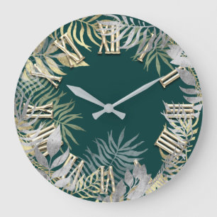 Waldgoldener Farn-aquamarine silberne römische Große Wanduhr