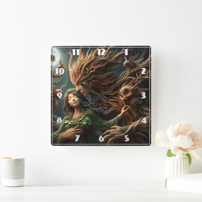 Waldgötter umklammern sich unter Mondlicht Quadratische Wanduhr (Zuhause)