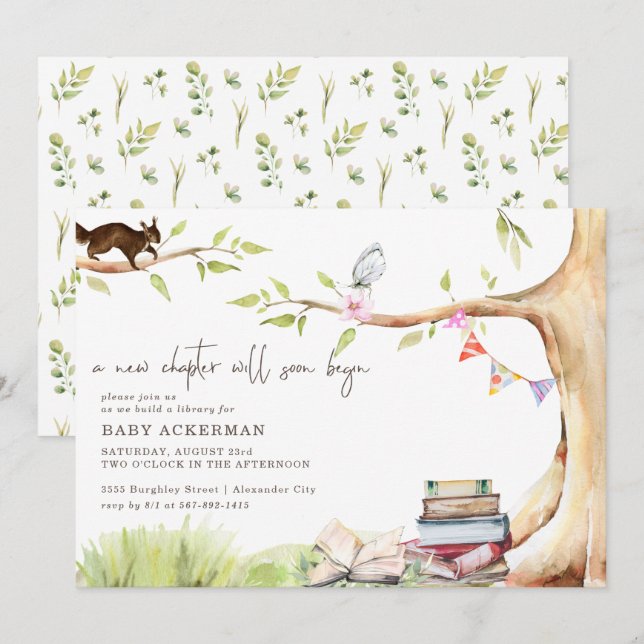 Waldgrün | Erstellen eines Bibliotheksbabys Einladung (Vorne/Hinten)