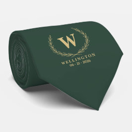 Waldgrün-goldener Lorbeer-Monogramm-Hochzeitsdatum Krawatte