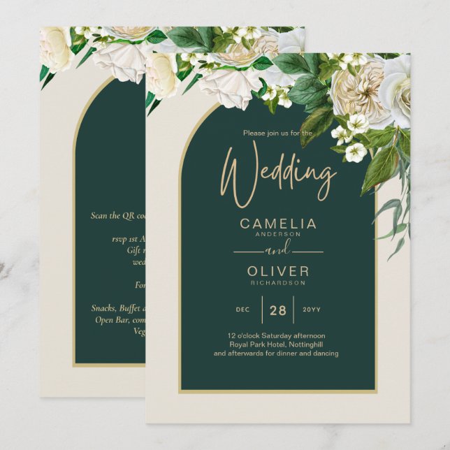 Waldgrün-goldfarbene Winterhochzeit der weißen Ros Einladung (Vorne/Hinten)