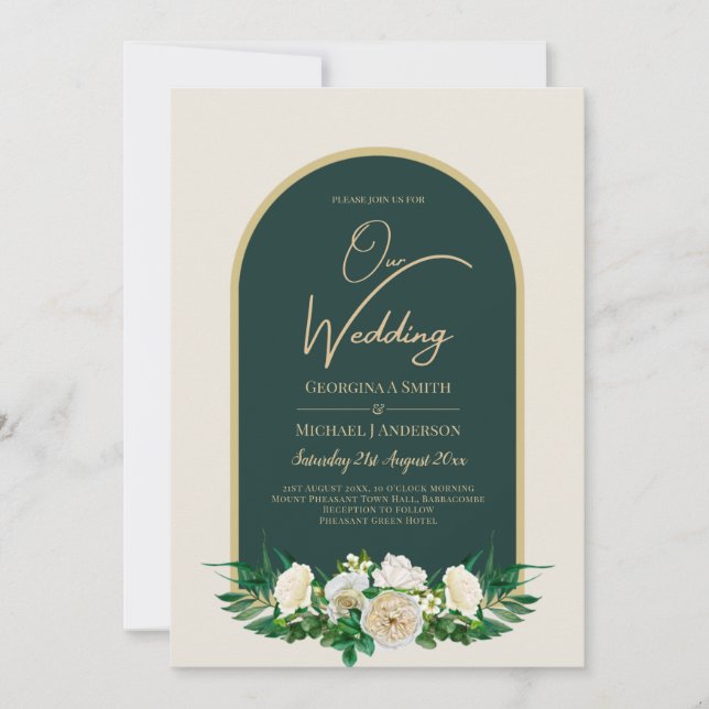Waldgrün-goldfarbene Winterhochzeit der weißen Ros Einladung (Vorderseite)