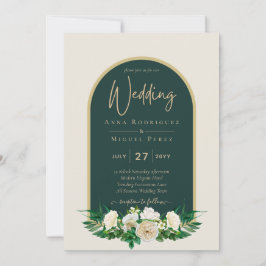 Waldgrün-goldfarbene Winterhochzeit der weißen Ros Einladung