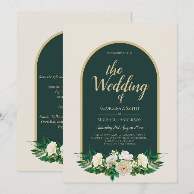 Waldgrün-goldfarbene Winterhochzeit der weißen Ros Einladung (Vorne/Hinten)