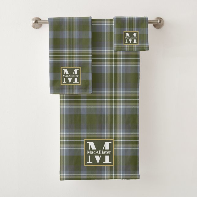 Waldgrün-graue Karierte Monogrammbezeichnung Badhandtuch Set (Insitu)