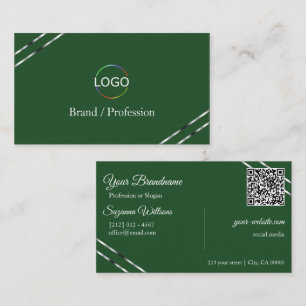 Waldgrün mit Silberlinien-Logo und QR-Code Visitenkarte