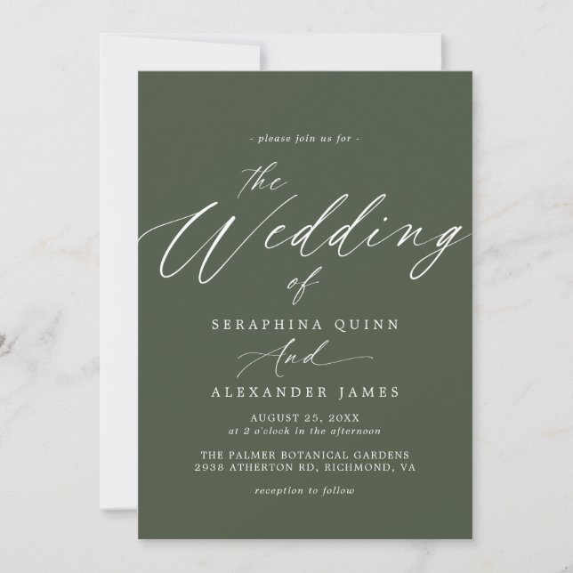 Waldgrün | Modernes Skript Einfache Hochzeit Einladung (Vorderseite)