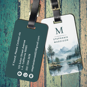 Waldgrün Wasserfarbe Berge See Monogramm Gepäckanhänger