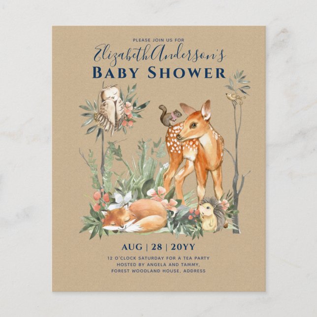 Waldgrün Wildtiere Babydusche Flyer (Vorne)